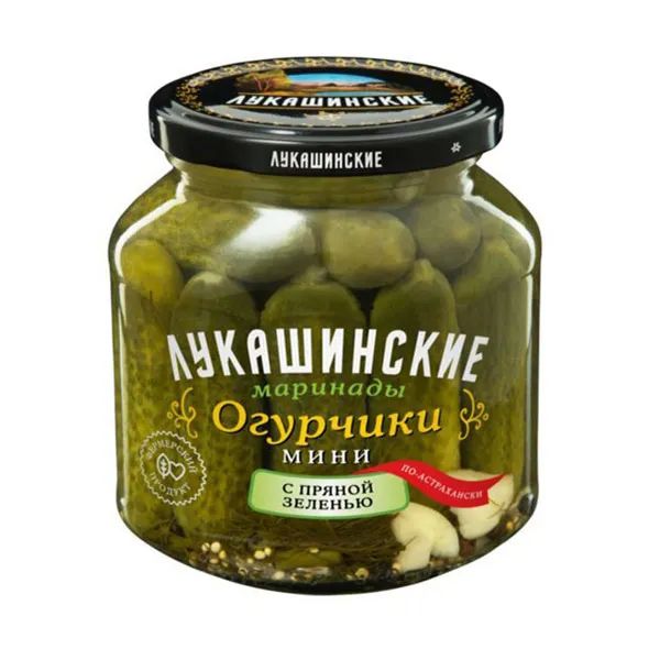 Огурчики Мини с Пряной Зеленью по-Астрахански 340гр Лукашинские