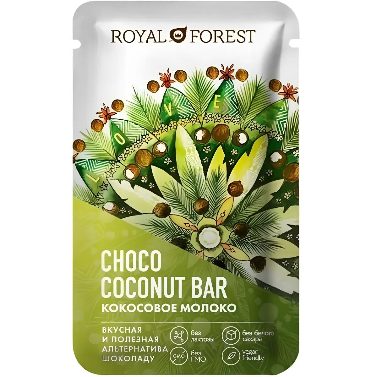 Шоколад Кокосовое Молоко Choco Coconut Vegan Bar без Сахара и Глютена Royal Forest 20гр Россия