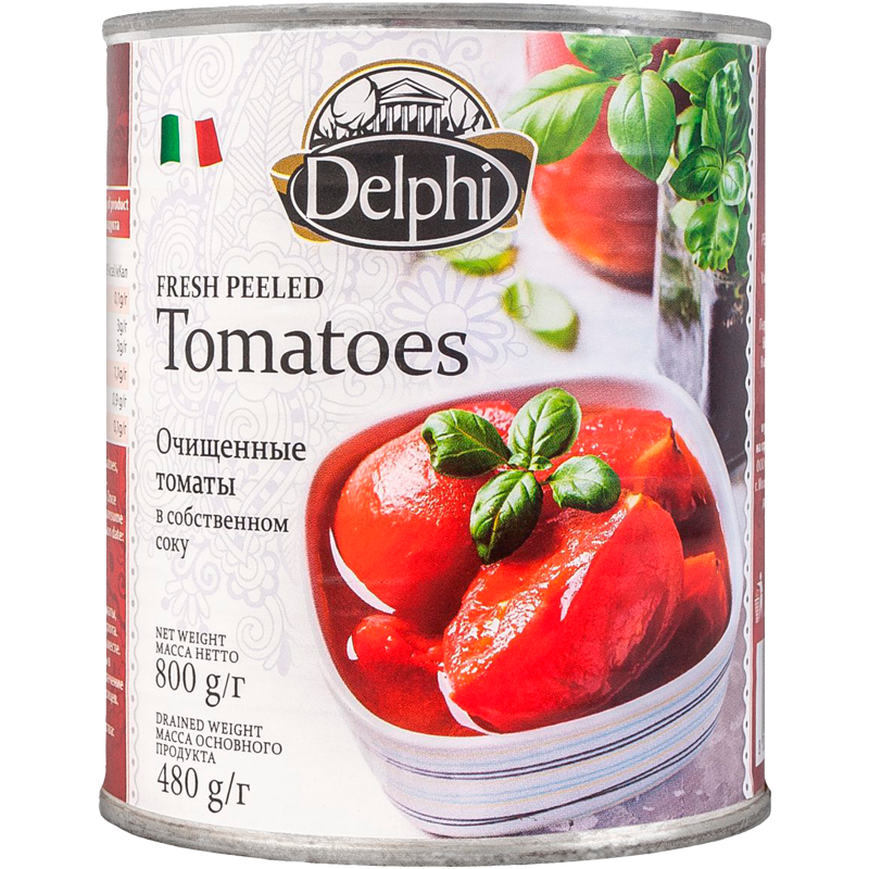 Томаты Очищенные в Собственном Соку Delphi 800гр ж/б Италия